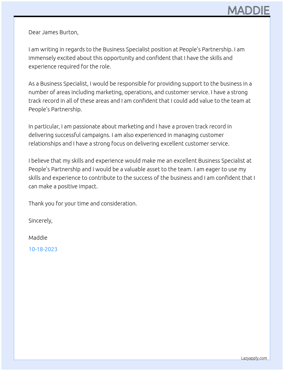 Business Specialist At People's Partnership Cover Letter