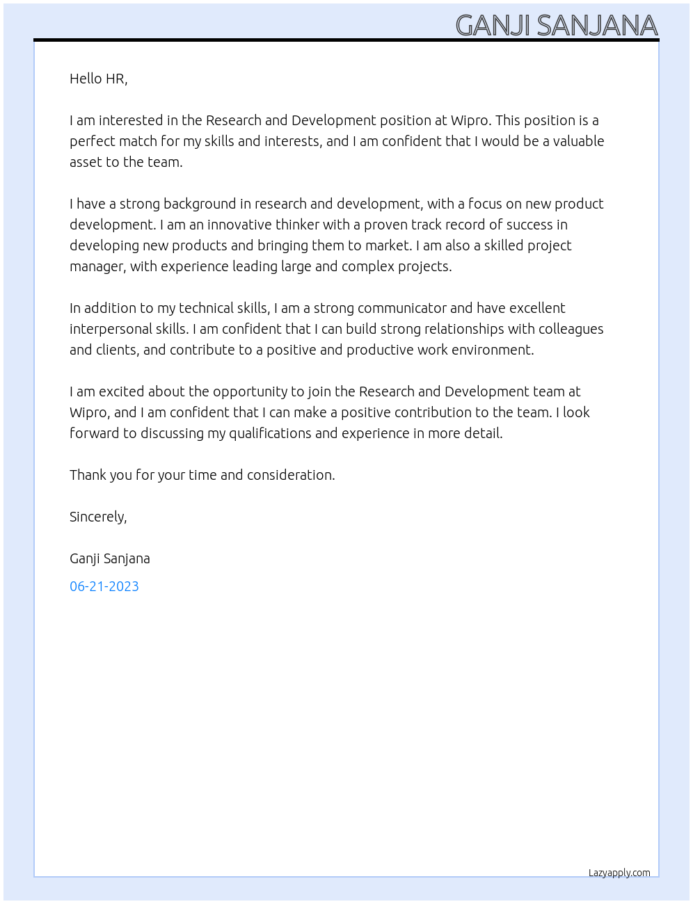 Research and Development At Wipro Cover Letter