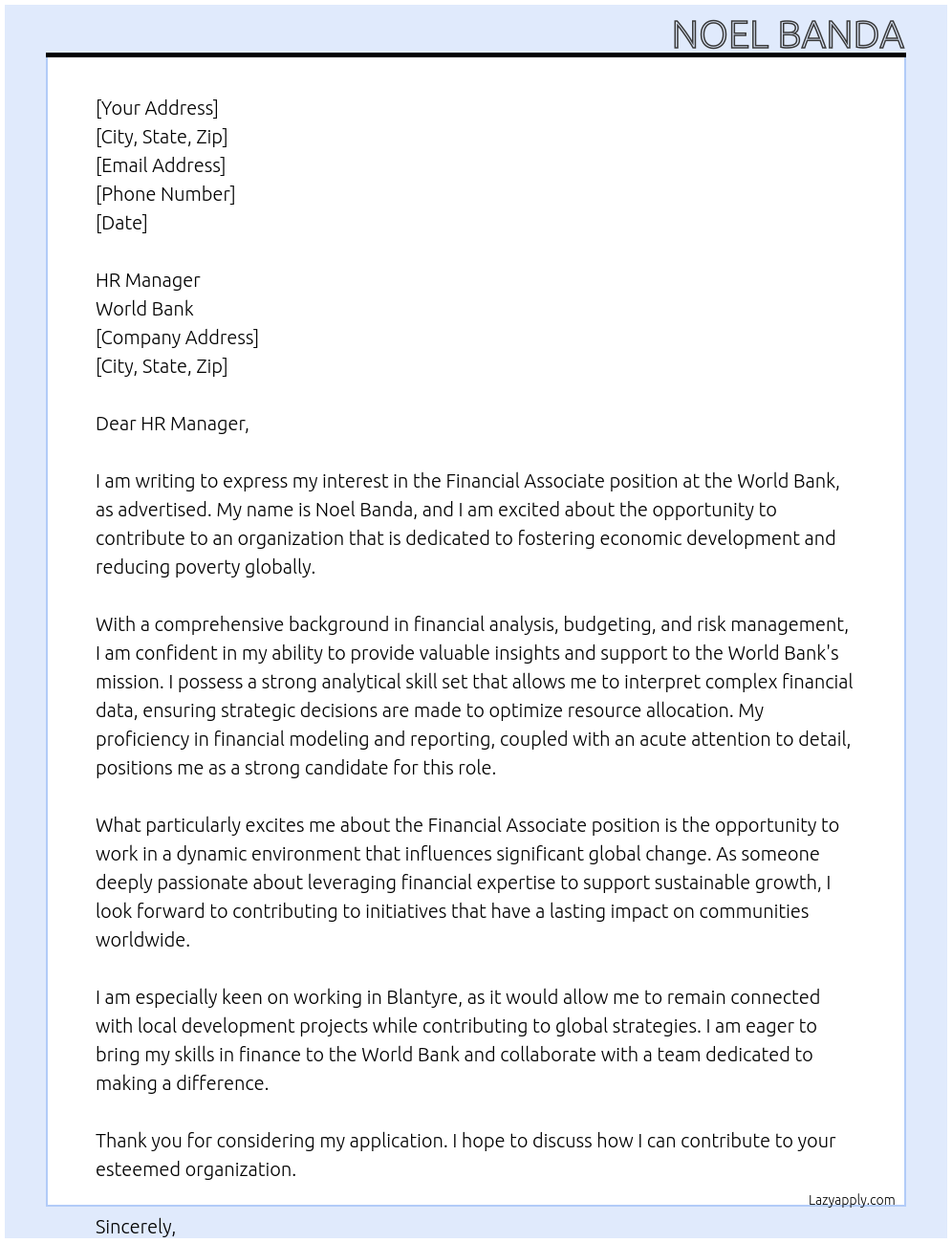 Financial Associate At World Bank Cover Letter