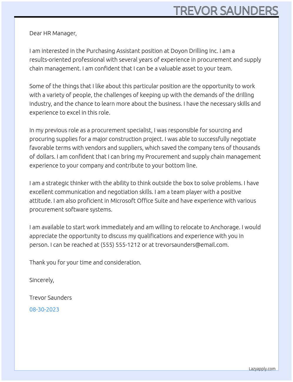 Purchasing Assistant At Doyon Drilling Inc Cover Letter