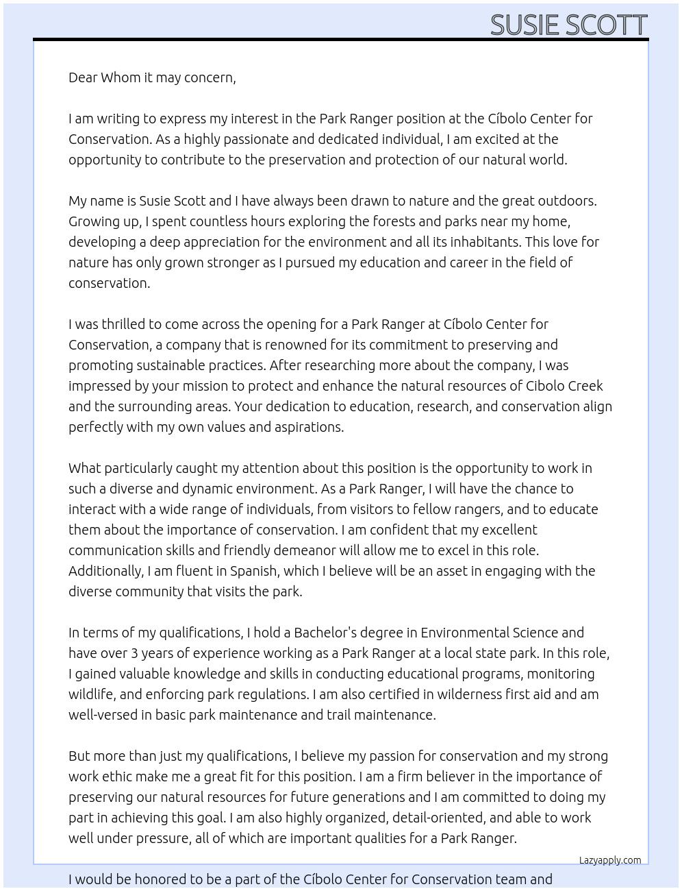 Park Ranger At Cíbolo Center for Conservation  Cover Letter