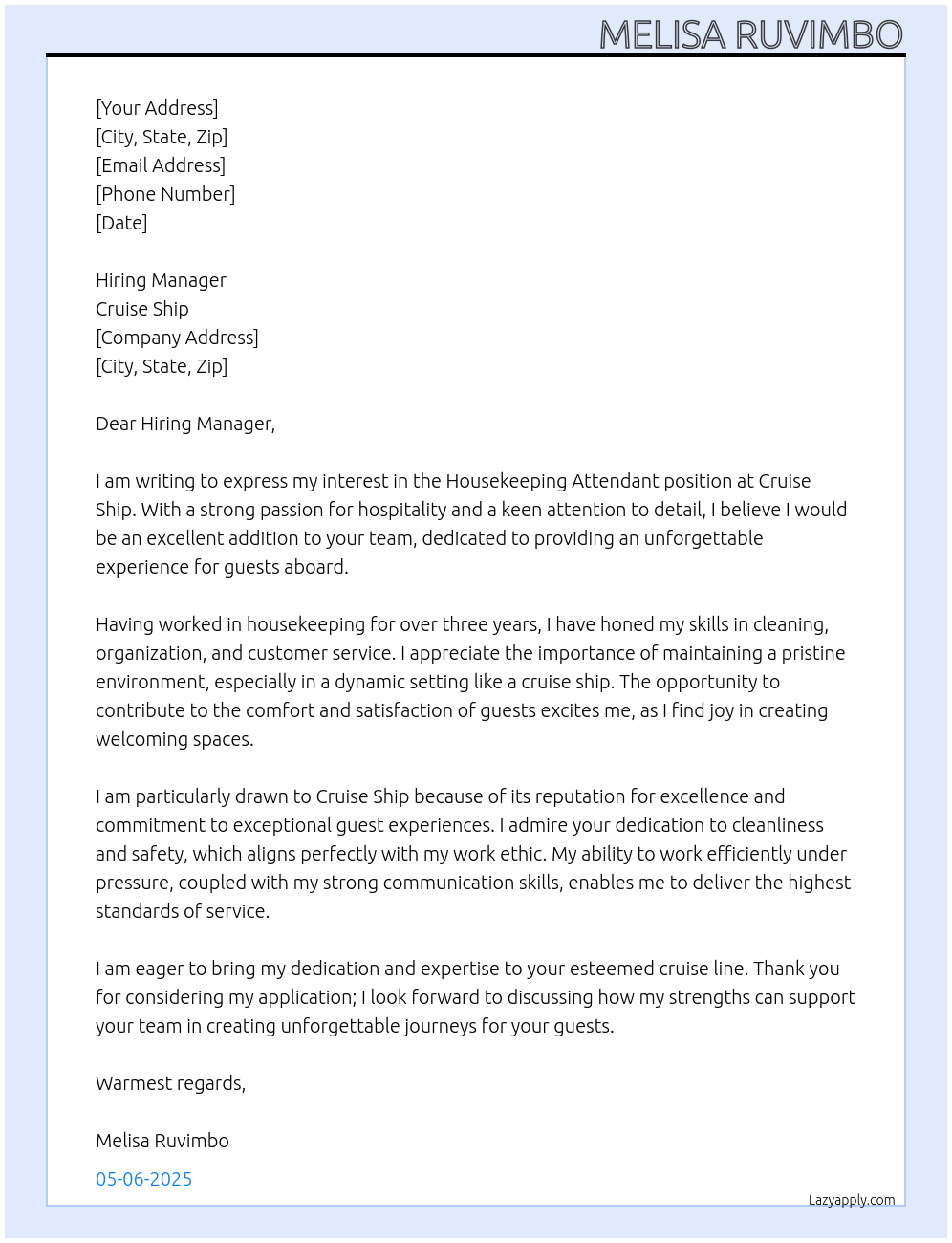 Housekeeping Attendant  At Cruise Ship Cover Letter