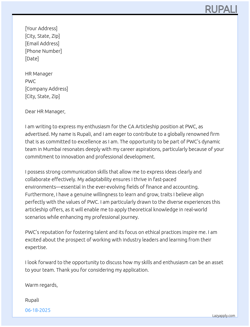 CA articleship At PWC Cover Letter