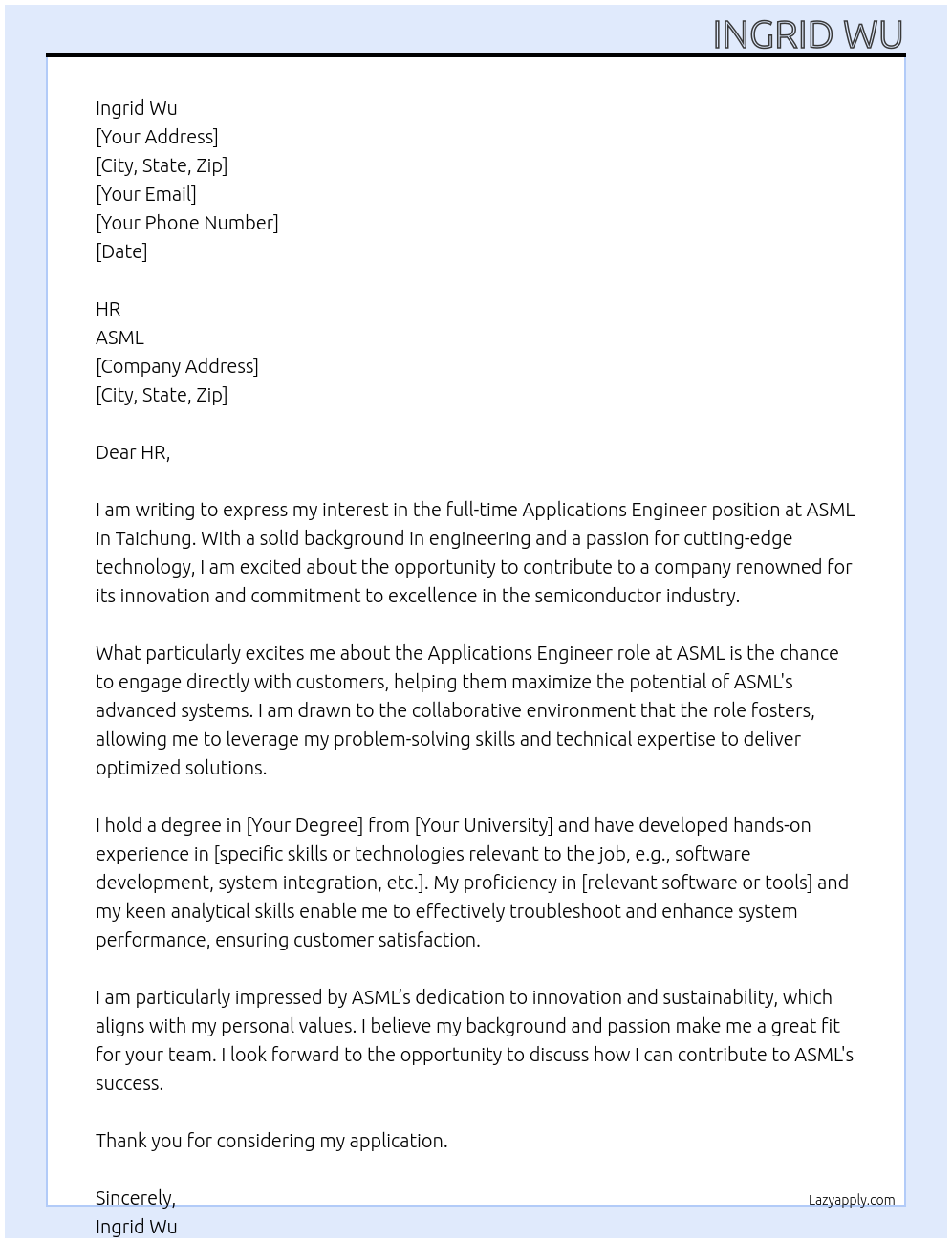 Cover letter for applications engineer - LazyApply