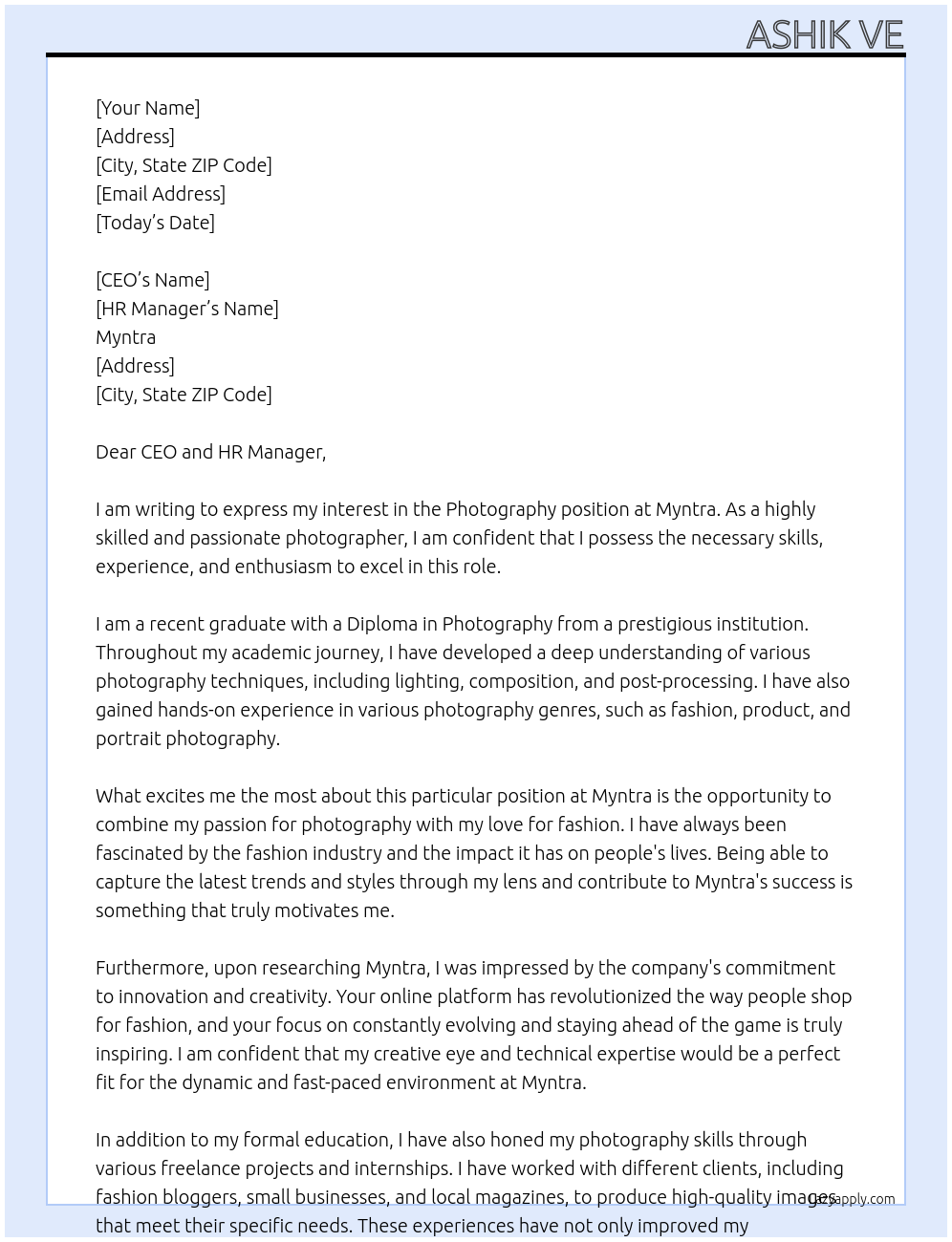 Photography At Myntra Cover Letter