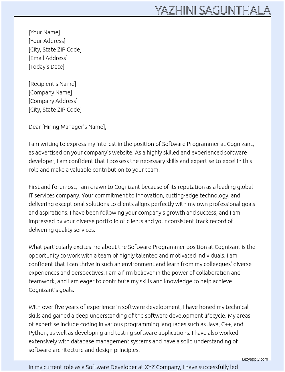 software programmer At cognizant Cover Letter