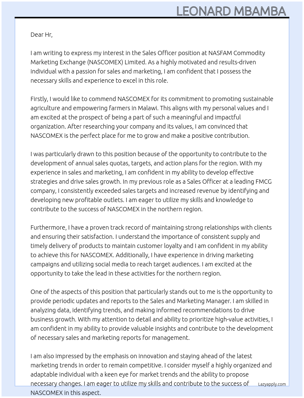 Sales Officer At NASFAM Commodity Marketing Exchange (NASCOMEX) Limited Cover Letter