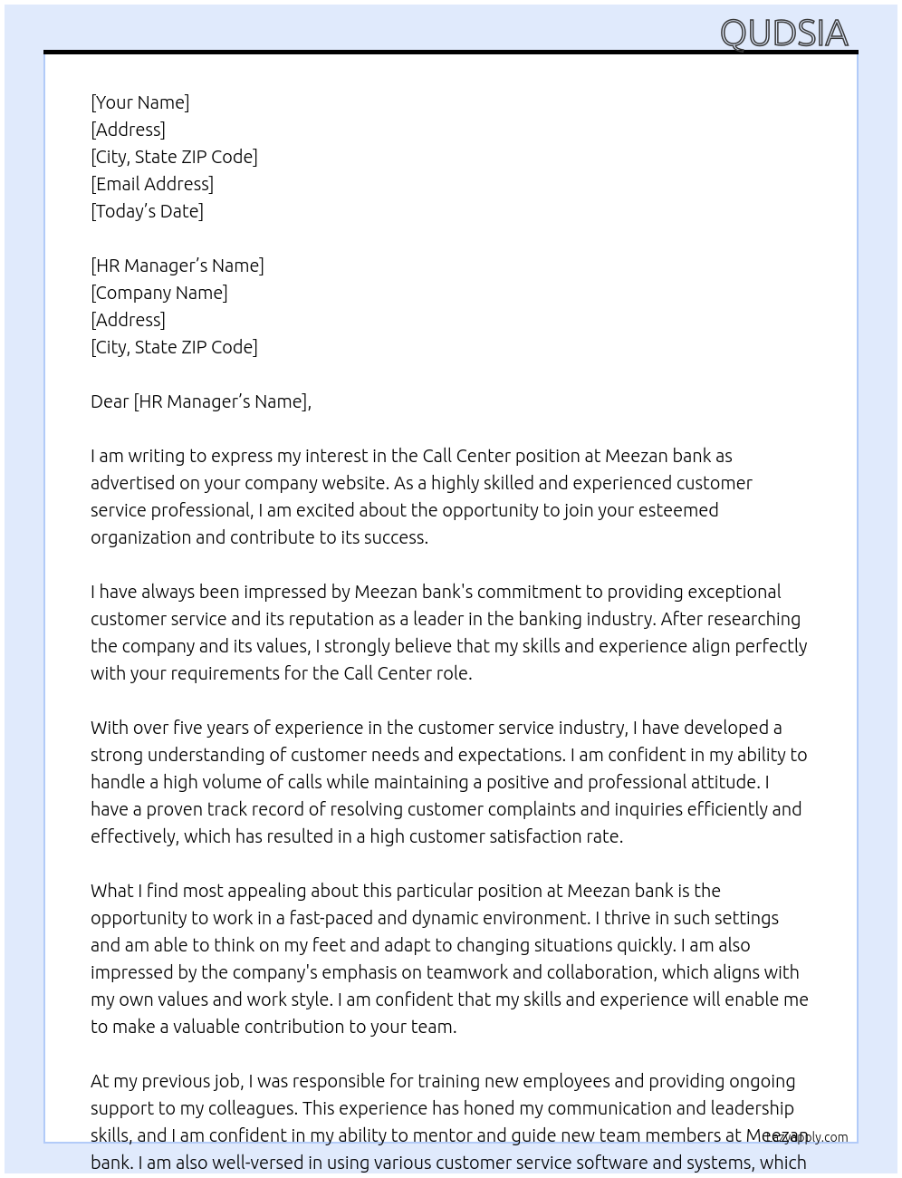 Call center At Meezan bank Cover Letter