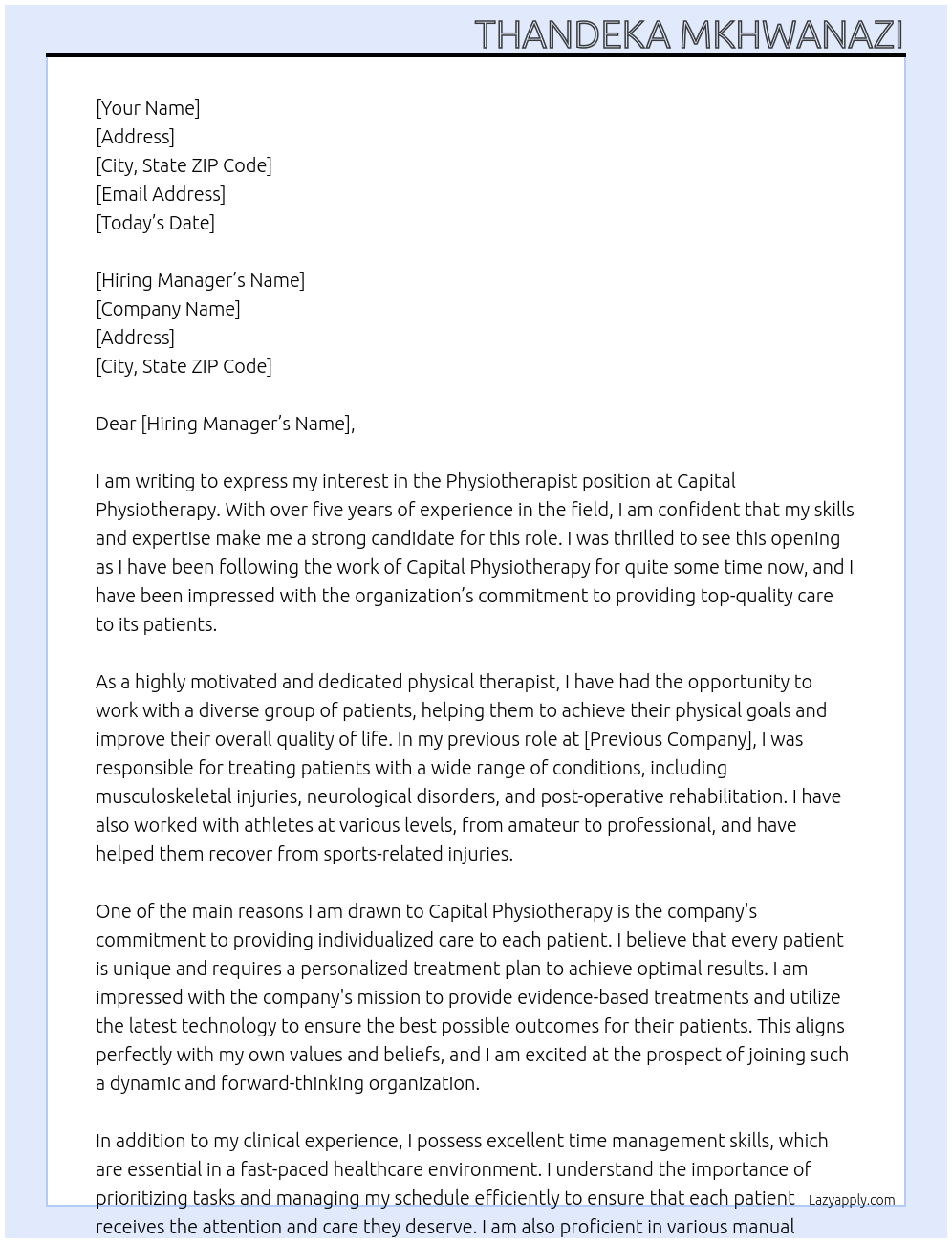 Physiotherapist At Capital Physiotherapy Cover Letter