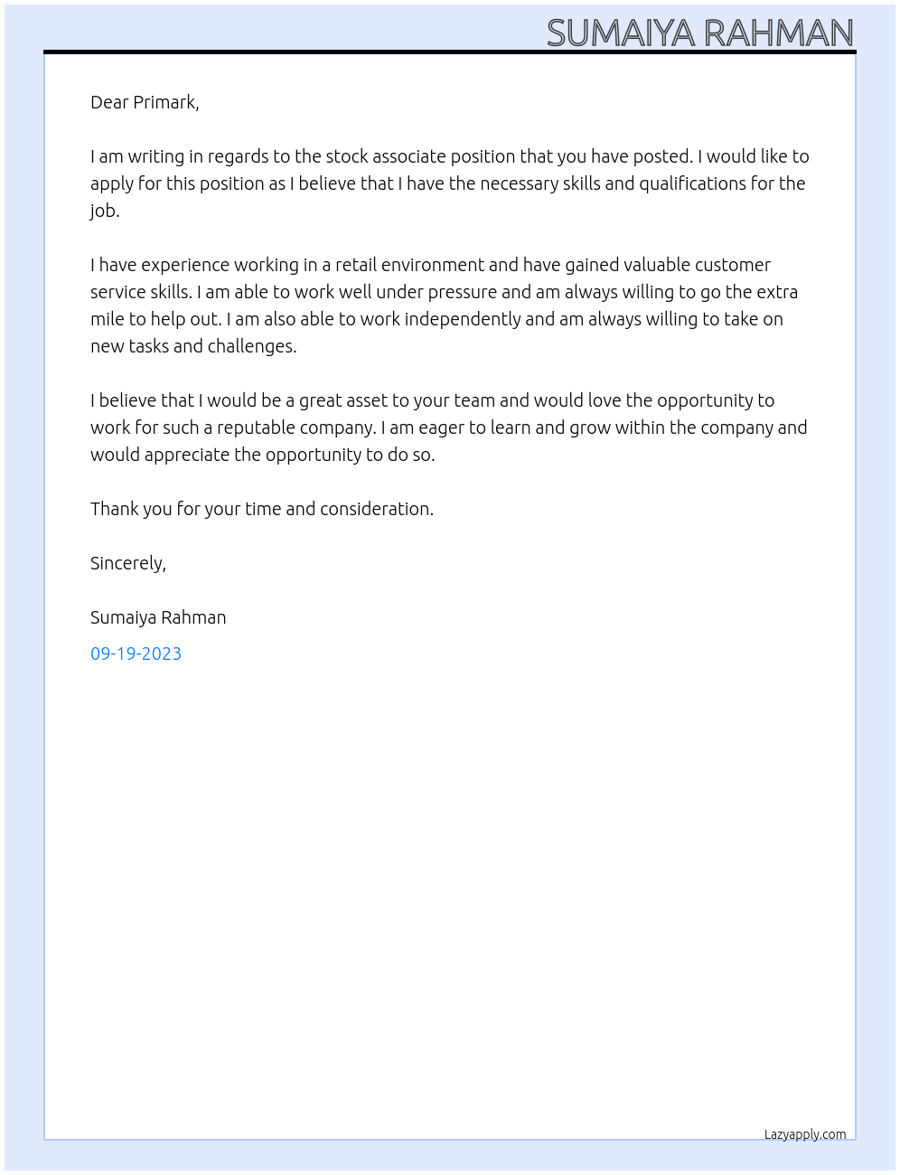 Stock Associate At Primark Cover Letter