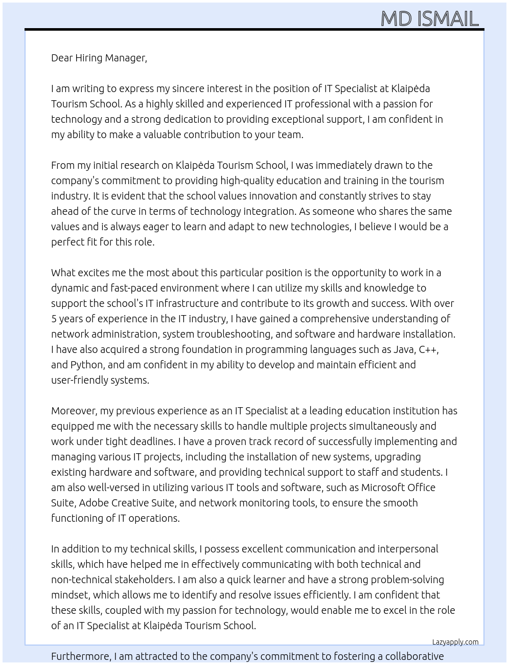IT Specialist At Klaipėda Tourism School, 190974577 Cover Letter