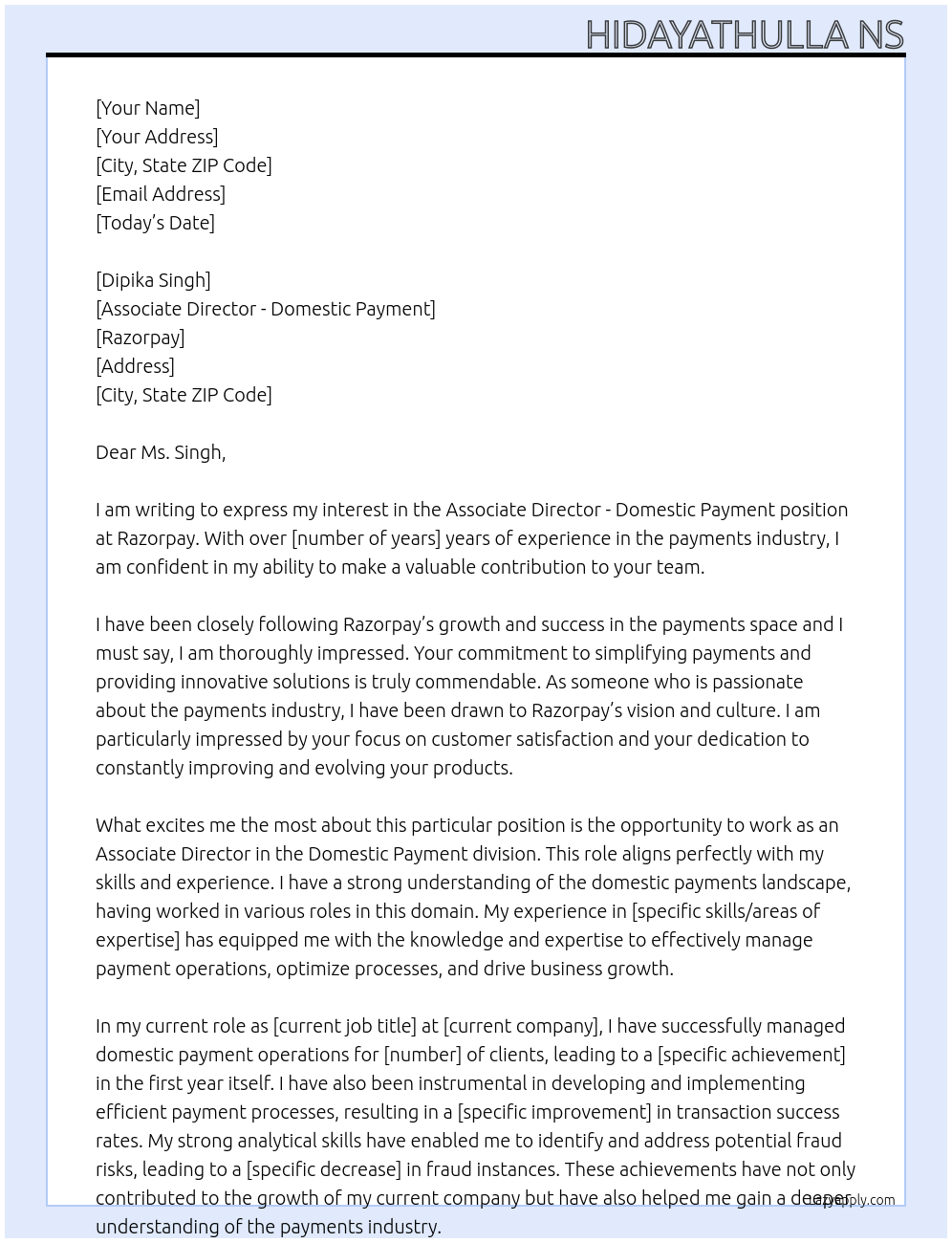 Associate Director - Domestic Payment At Razorpay Cover Letter