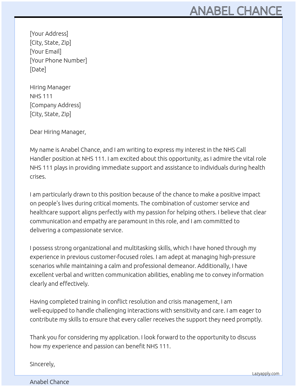 Cover letter for nhs call handler - LazyApply