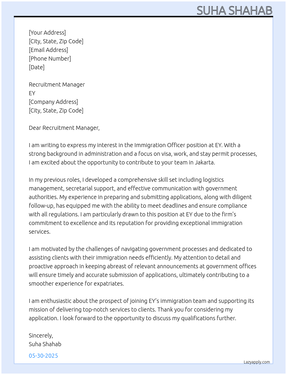Cover letter for immigration officer - LazyApply
