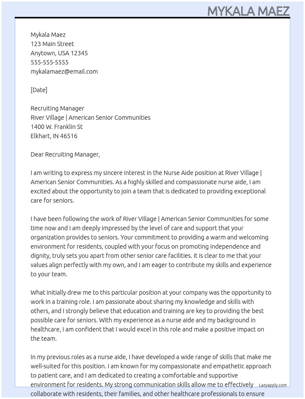 Nurse Aide  At River village | American Senior Communities Cover Letter