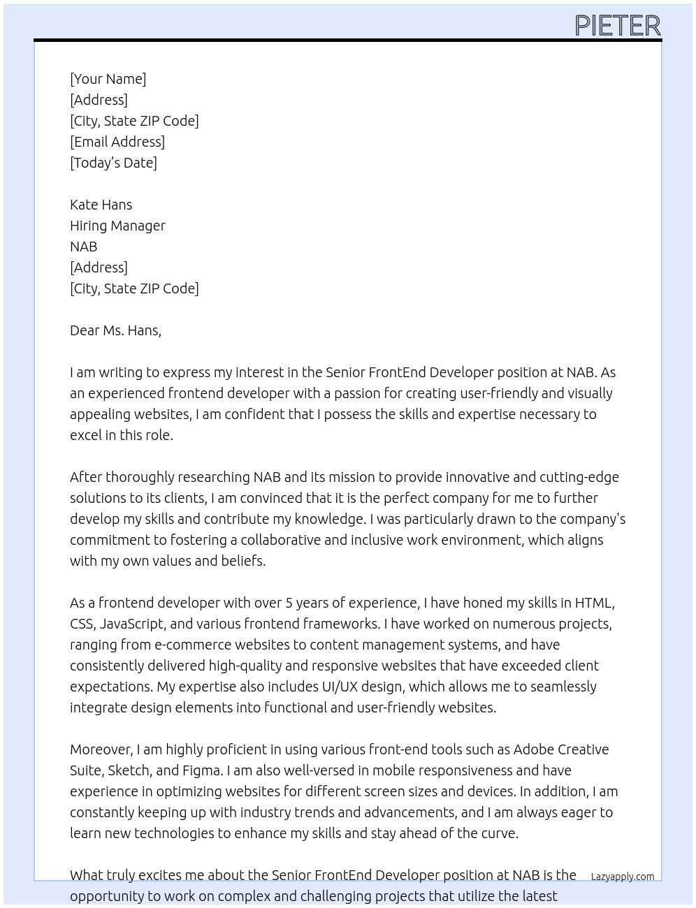 Senior FrontEnd Developer At NAB Cover Letter
