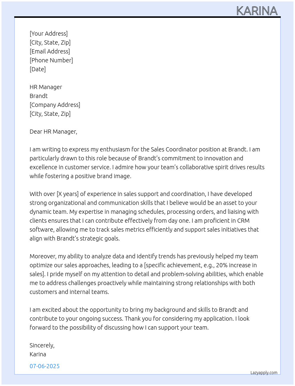 Sales Co-ordinator At Brandt Cover Letter