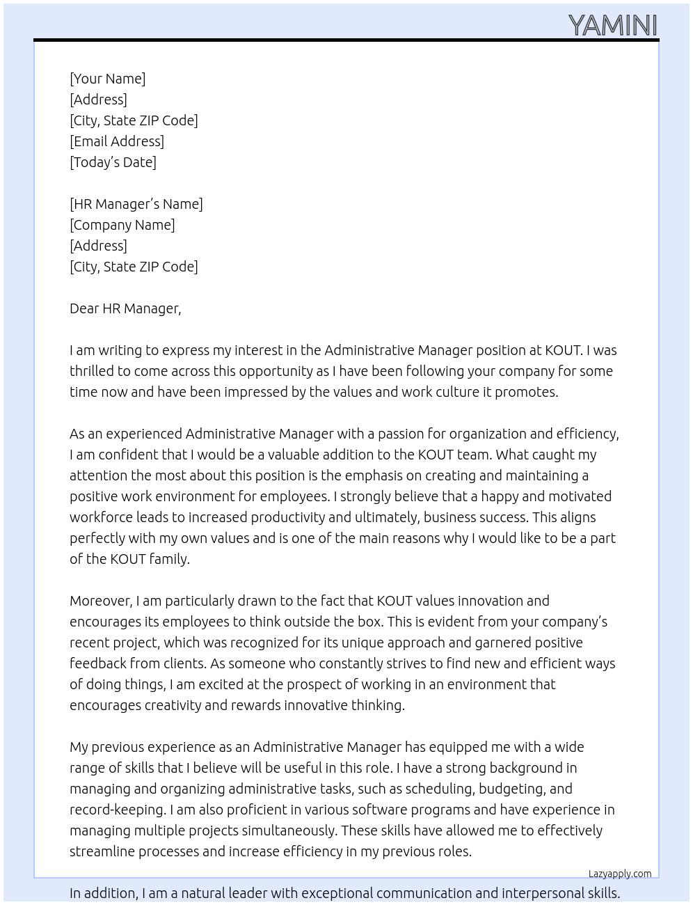 ADMINISTRATIVE MANAGER At KOUT Cover Letter