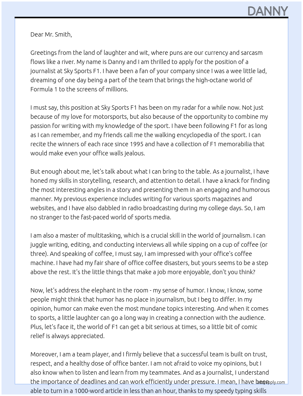 journalist At sky sports f1 Cover Letter