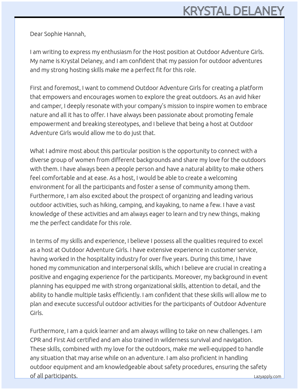 Host At Outdoor Adventure Girls Cover Letter
