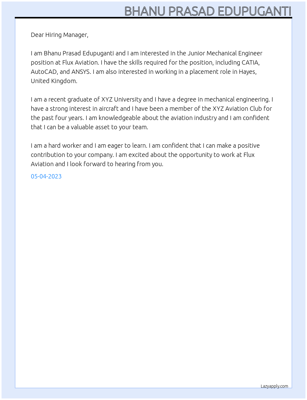 Junior Mechanical Engineer At Flux Aviation Cover Letter