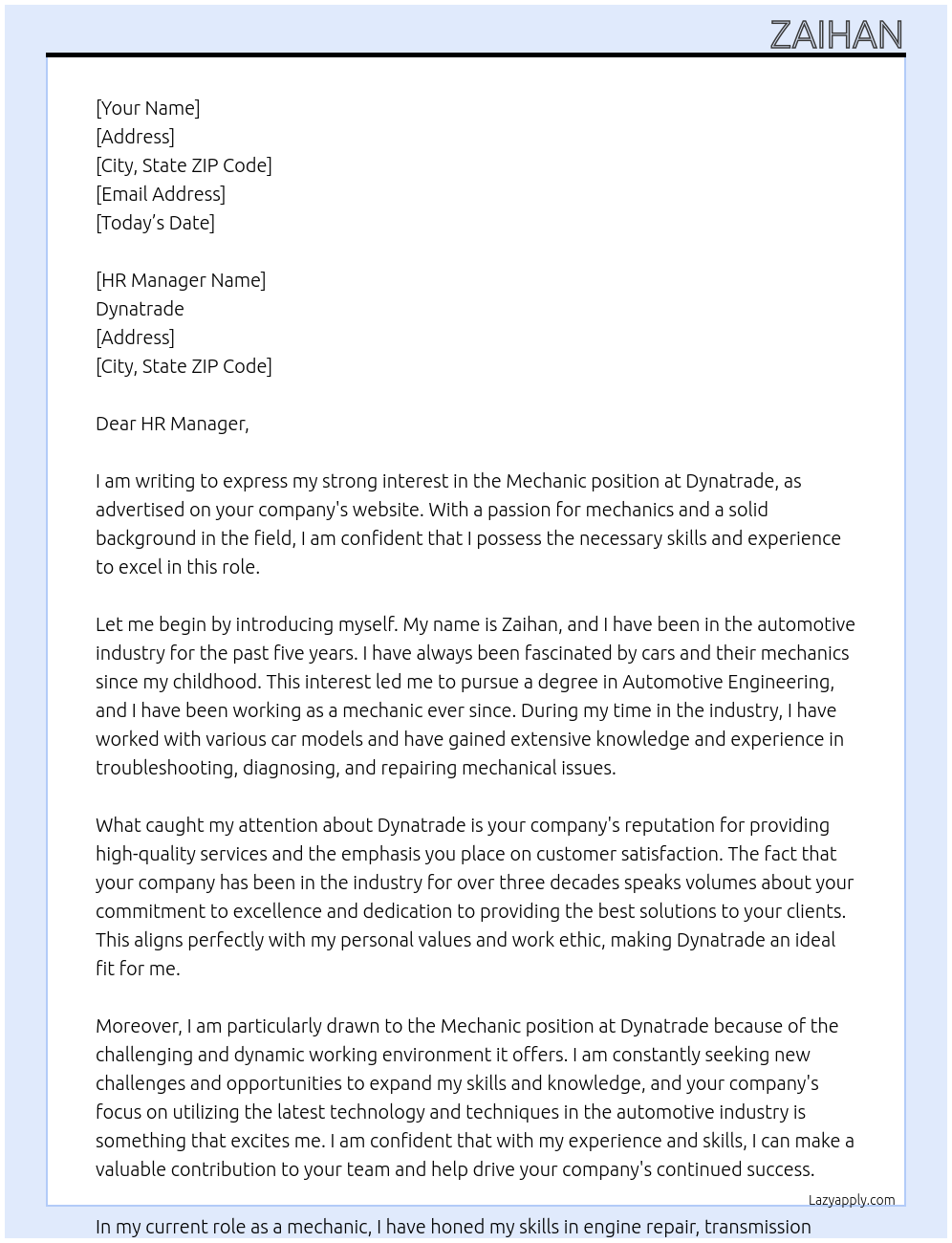 Mechanic At Dynatrade Cover Letter