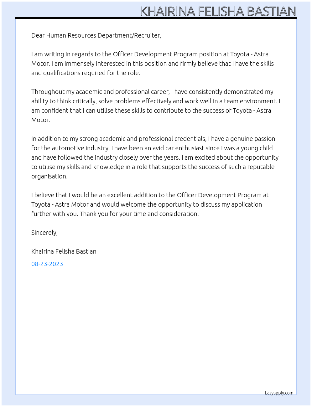 Officer Development Program At Toyota - Astra Motor Cover Letter