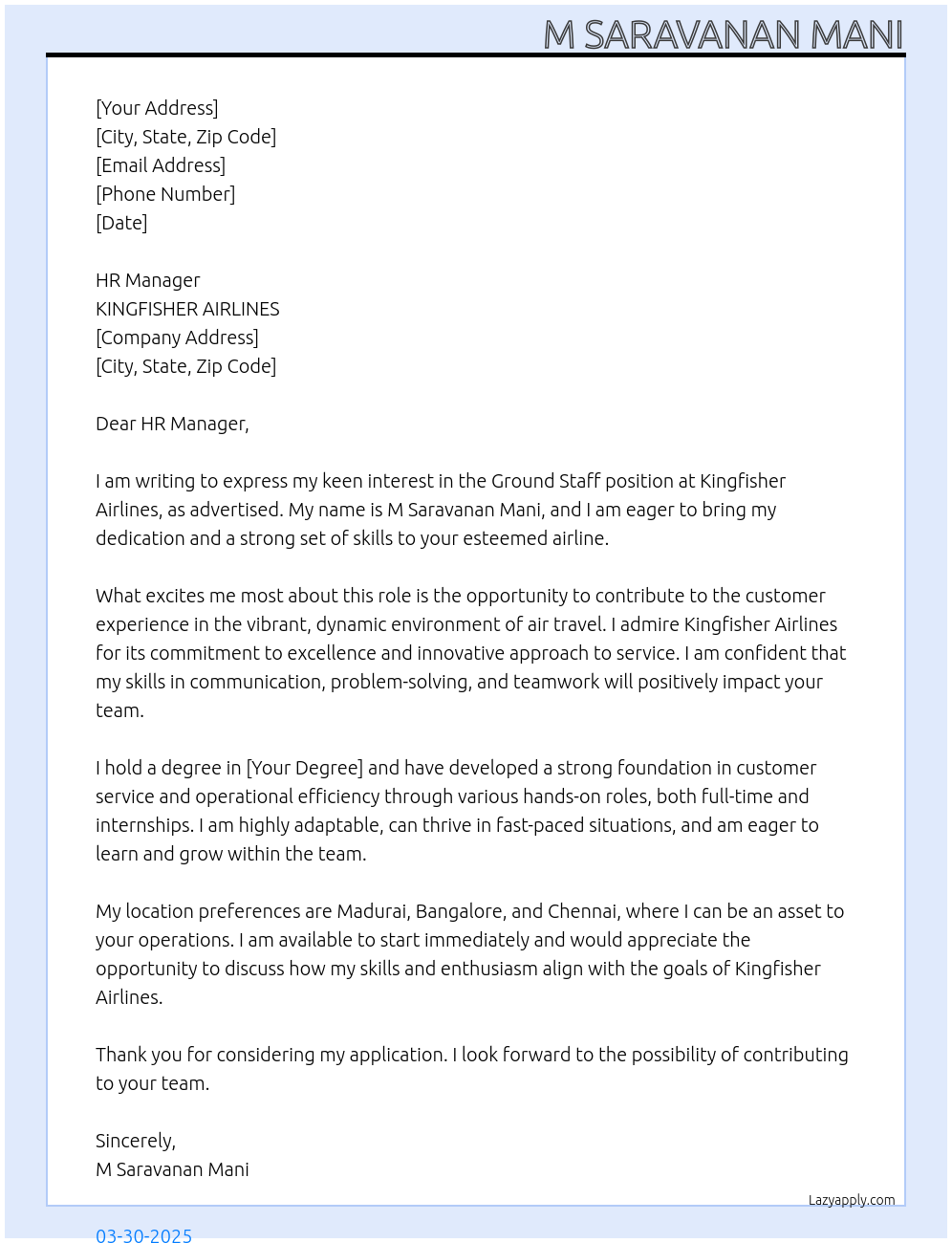 Ground staff At KINGFISHER AIRLINES Cover Letter