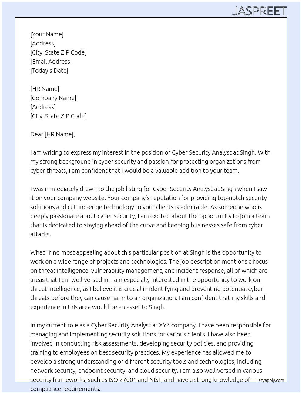 Cyber Security Analyst At singh Cover Letter