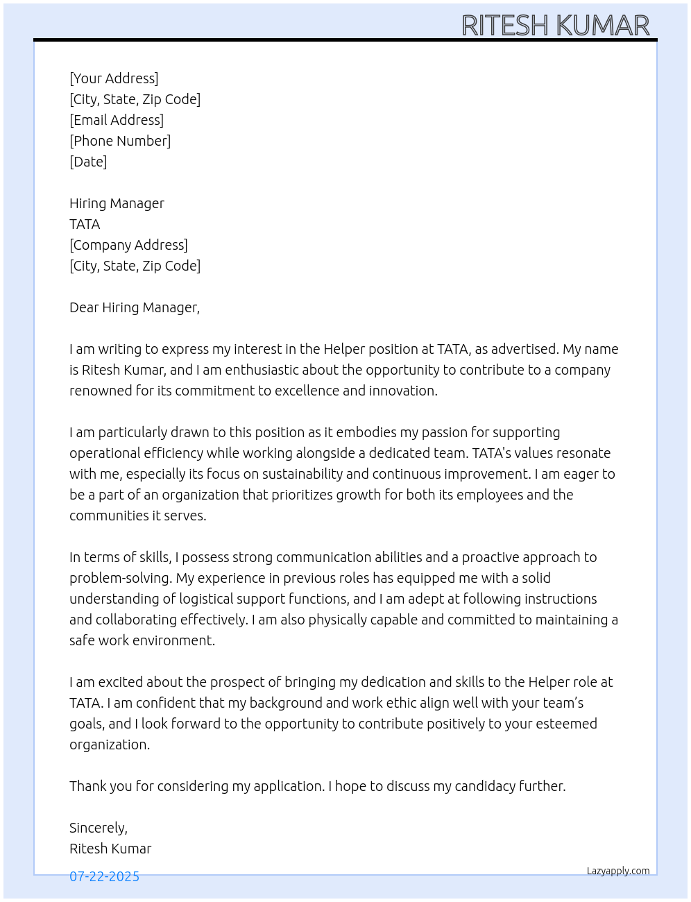 Helper At TATA  Cover Letter