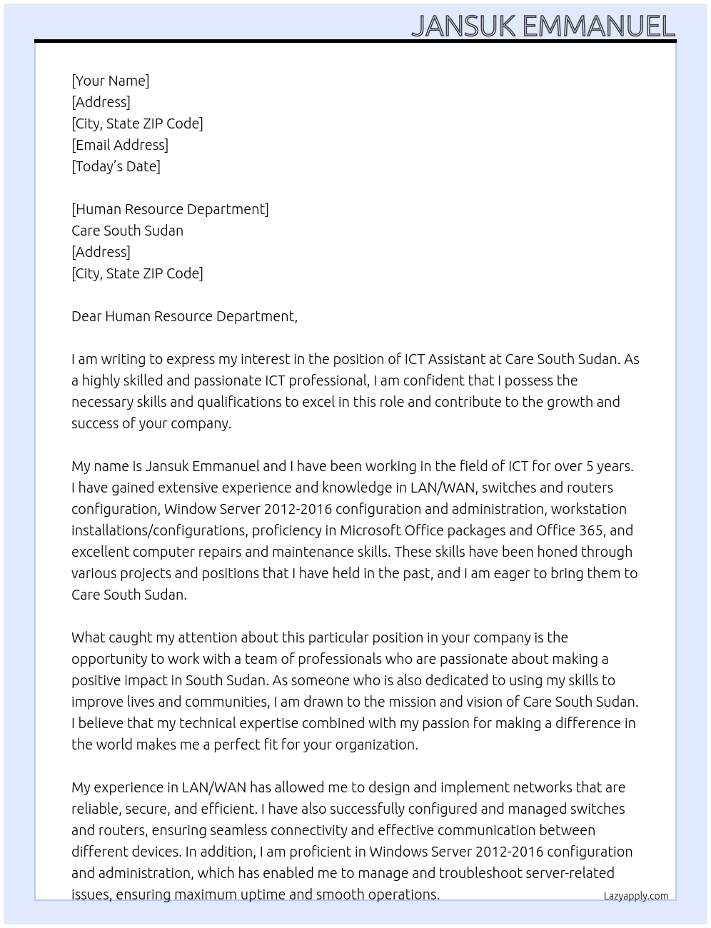 ICT Assistant At Care South Sudan Cover Letter