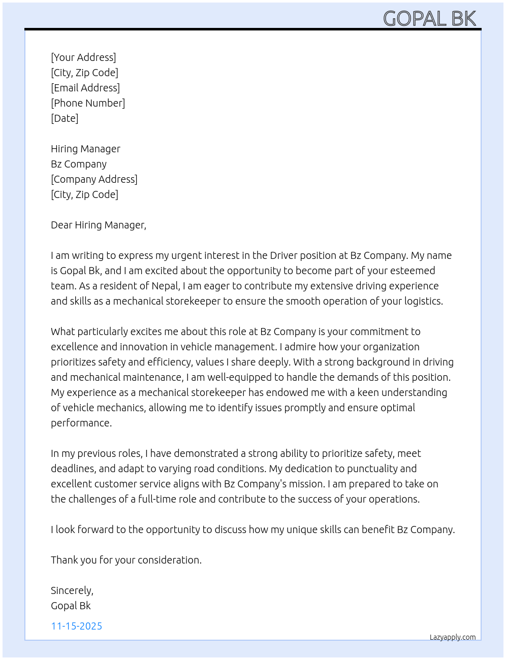 Driver  At Bz company  Cover Letter