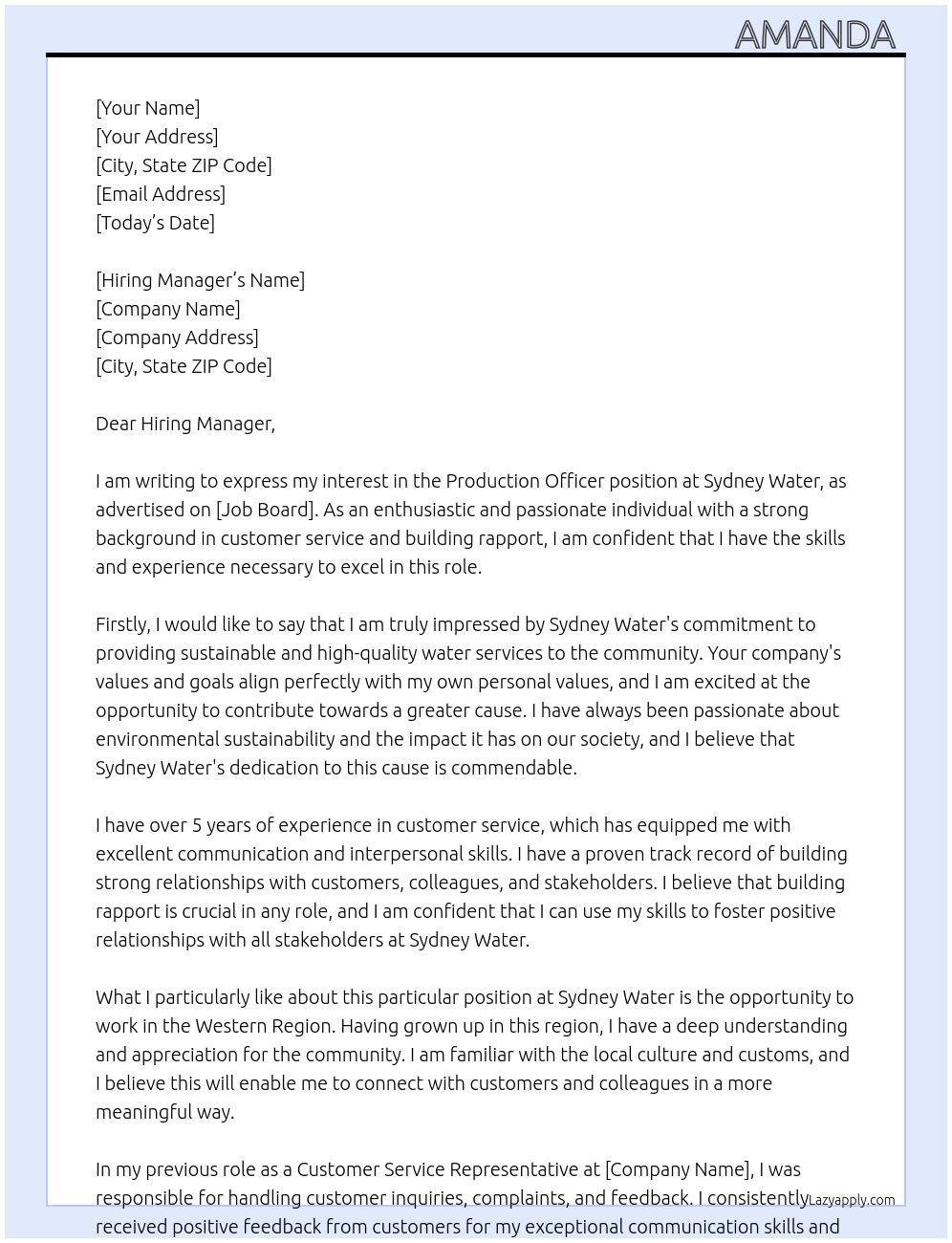 Production Officer At Sydney Water Cover Letter