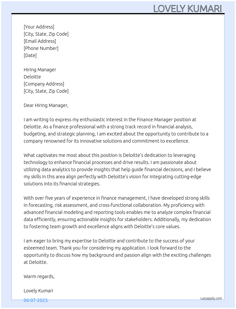 Finance manager At Deloitte Cover Letter