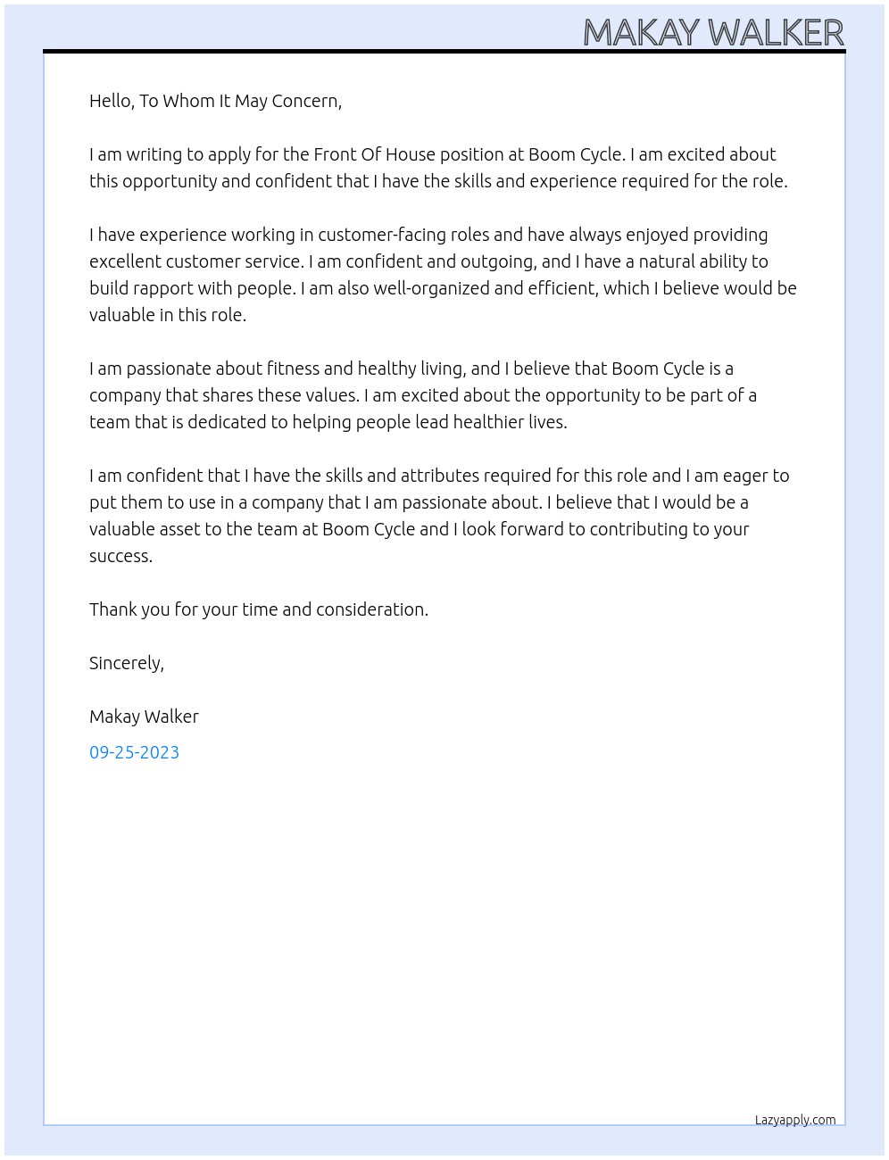 Front Of House At Boom Cycle Cover Letter