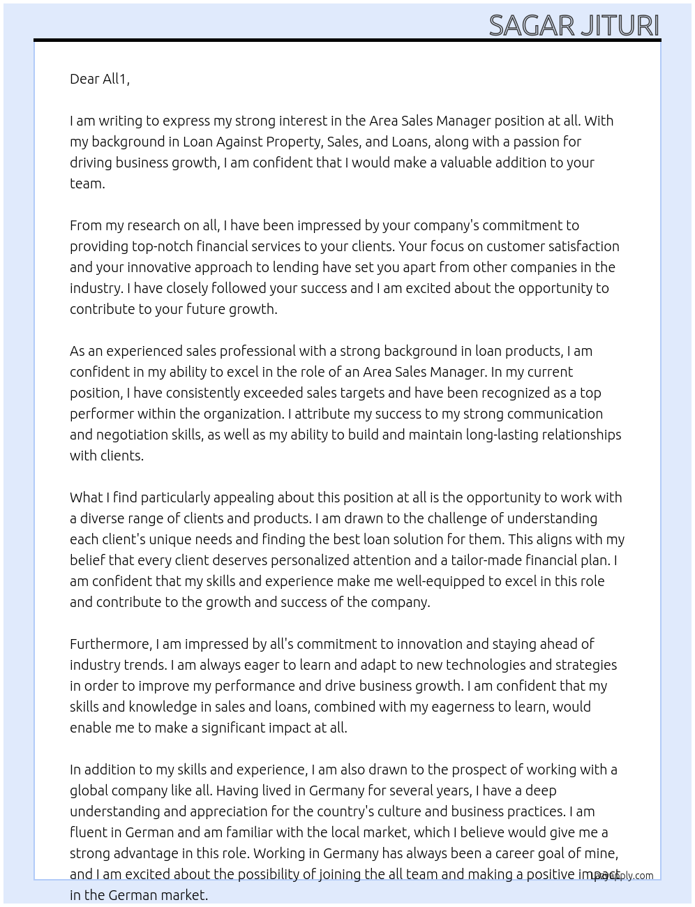 Area Sales Manager At all Cover Letter