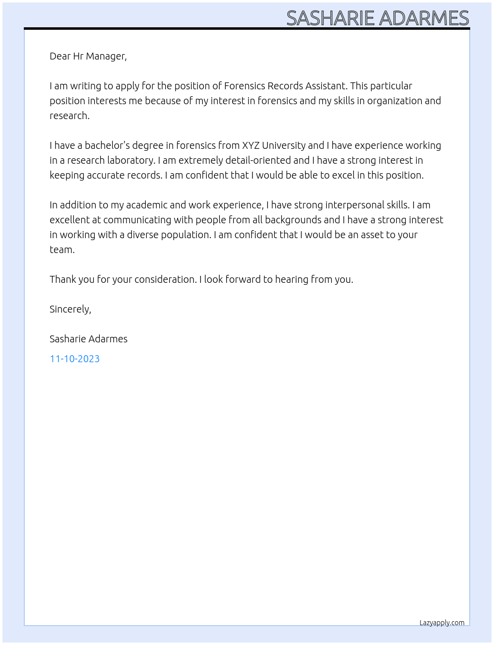 Entry Level At Forensics Records Assistant Cover Letter