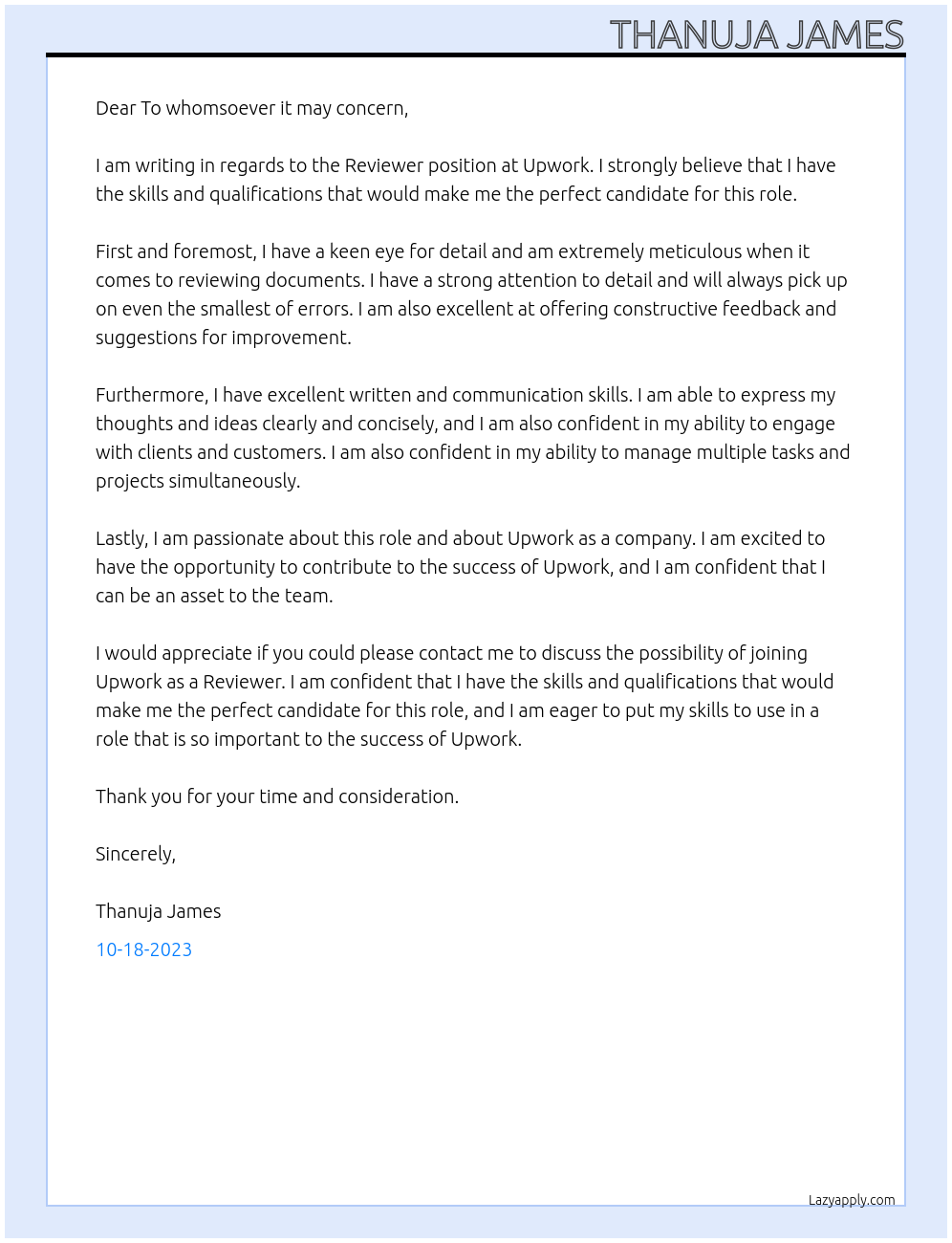 Reviewer At Upwork Cover Letter