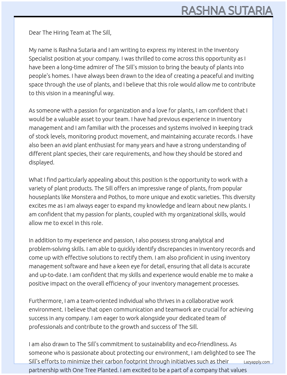 Inventory Specialist At The Sill Cover Letter