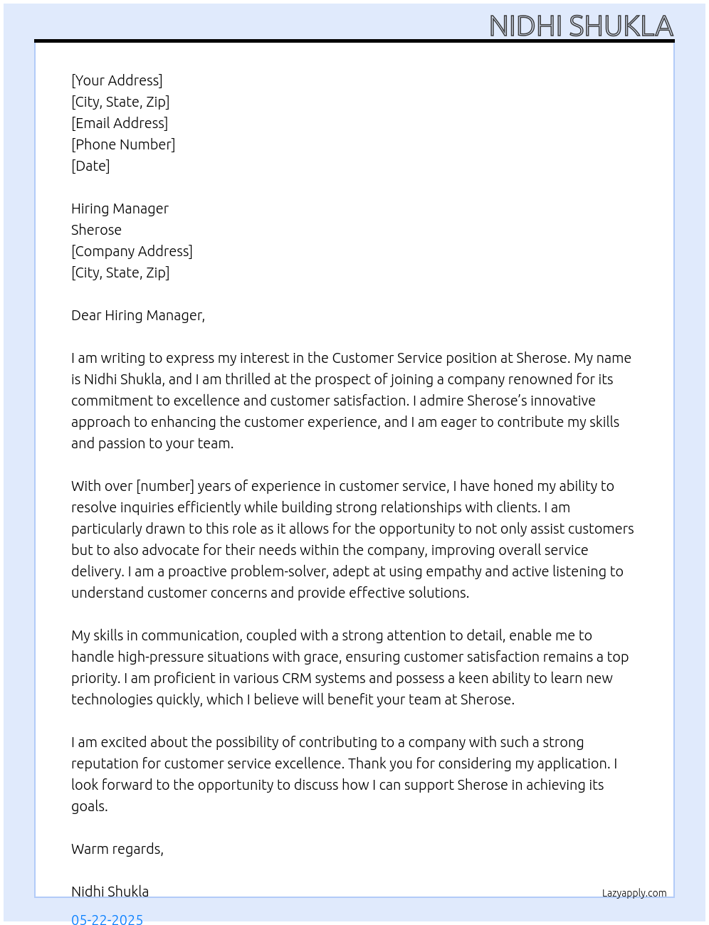 Customer service At Sherose Cover Letter