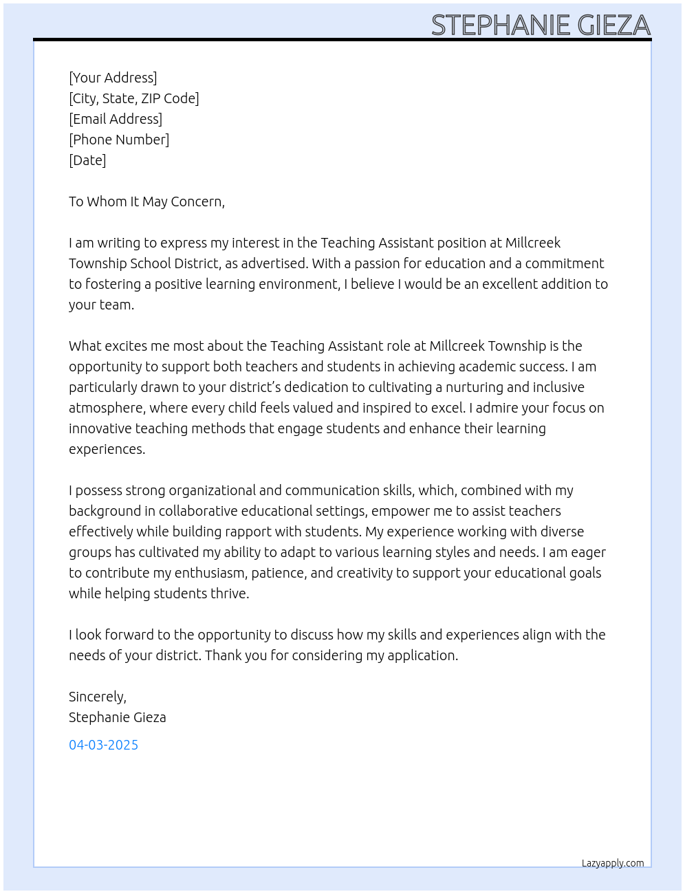 Teaching Assistant At Millcreek Township School District Cover Letter