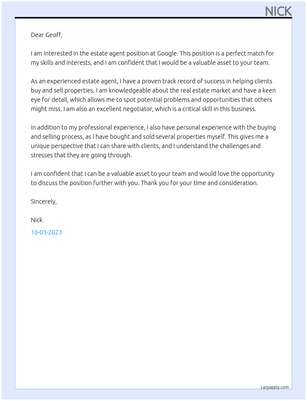 Estate agent At Google Cover Letter