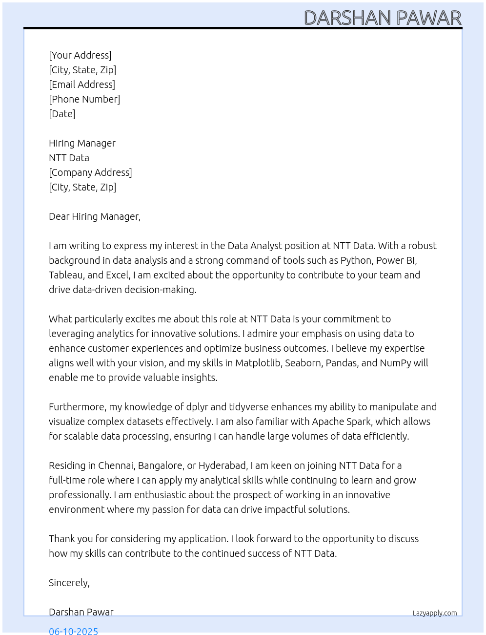 Data Analyst At NTT Data Cover Letter