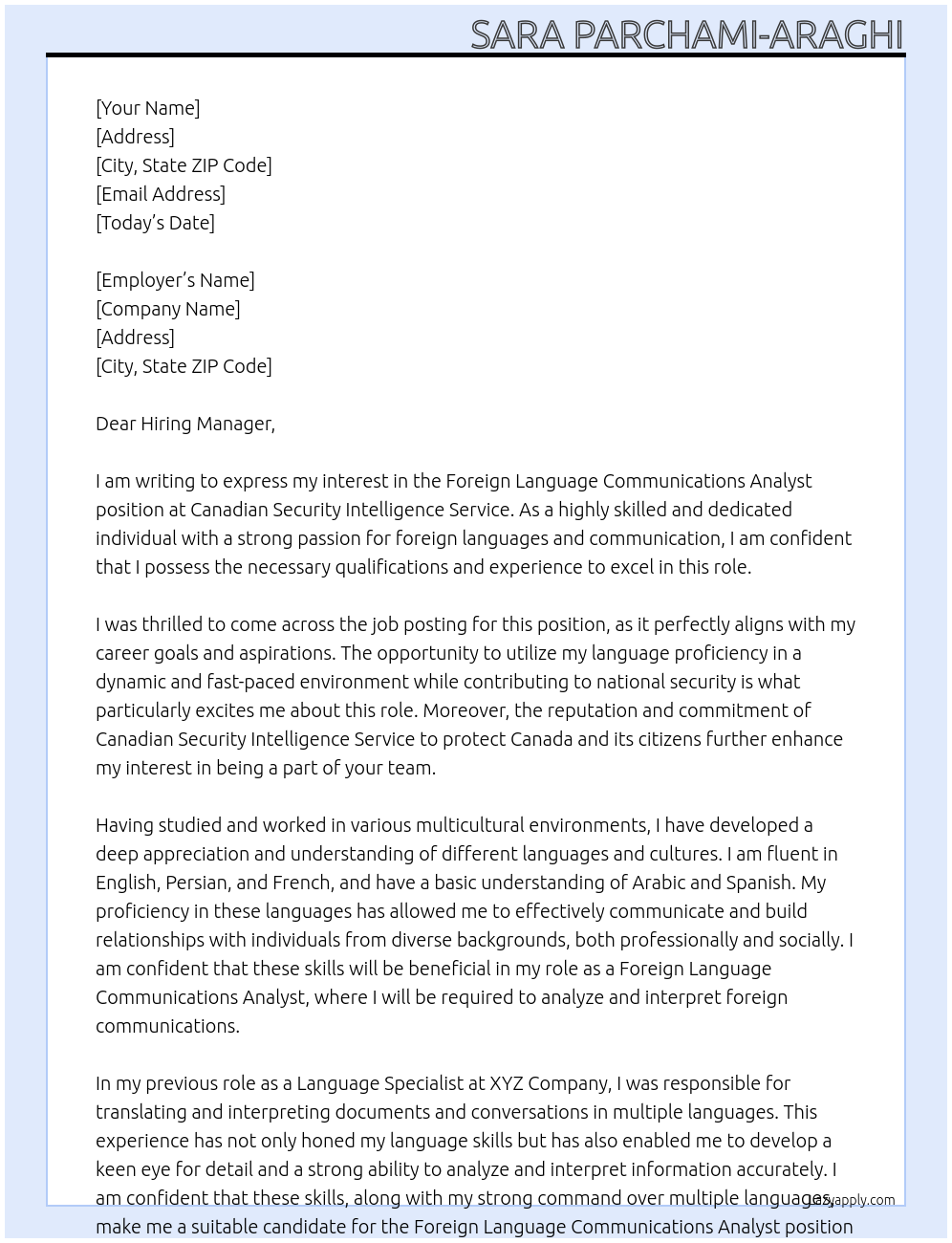 Foreign Language Communications Analyst At Canadian Security Intelligence Service Cover Letter
