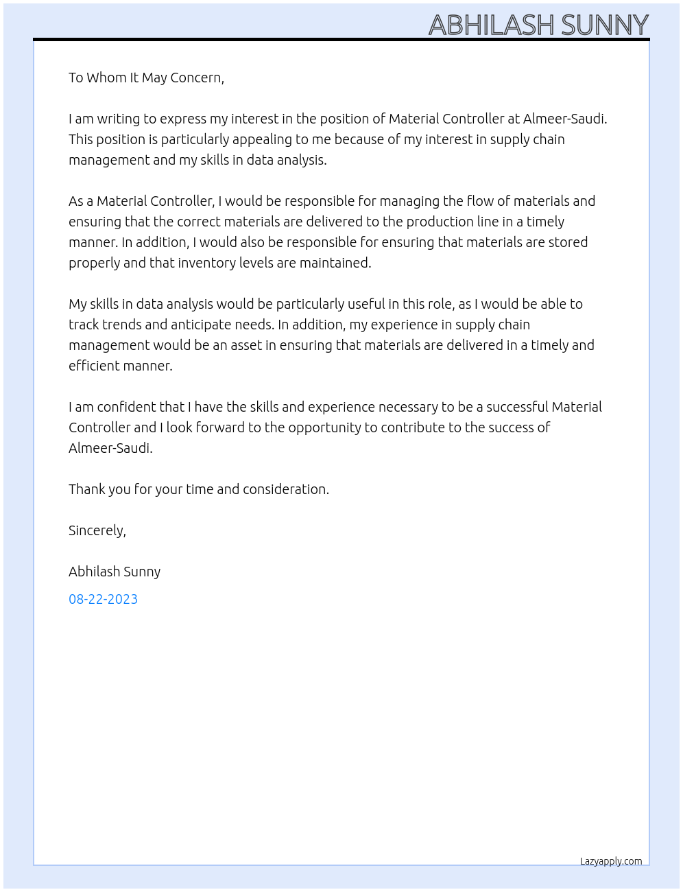 Material Controller At almeer-saudi Cover Letter