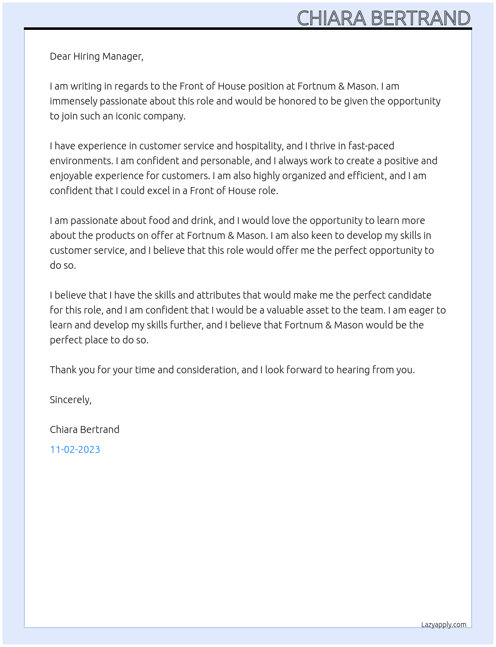 Front of House At Fortnum & Mason Cover Letter