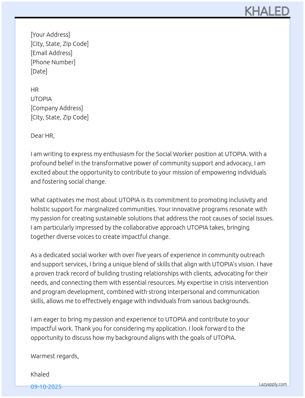 Social Worker At UTOPIA Cover Letter