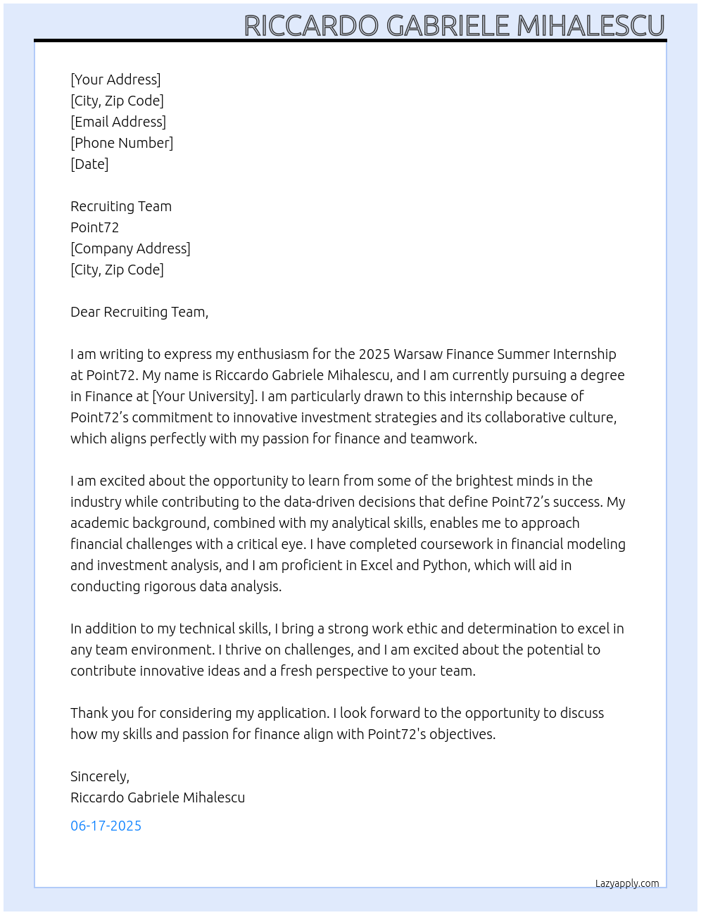 2025 Warsaw Finance Summer Internship At Point72 Cover Letter