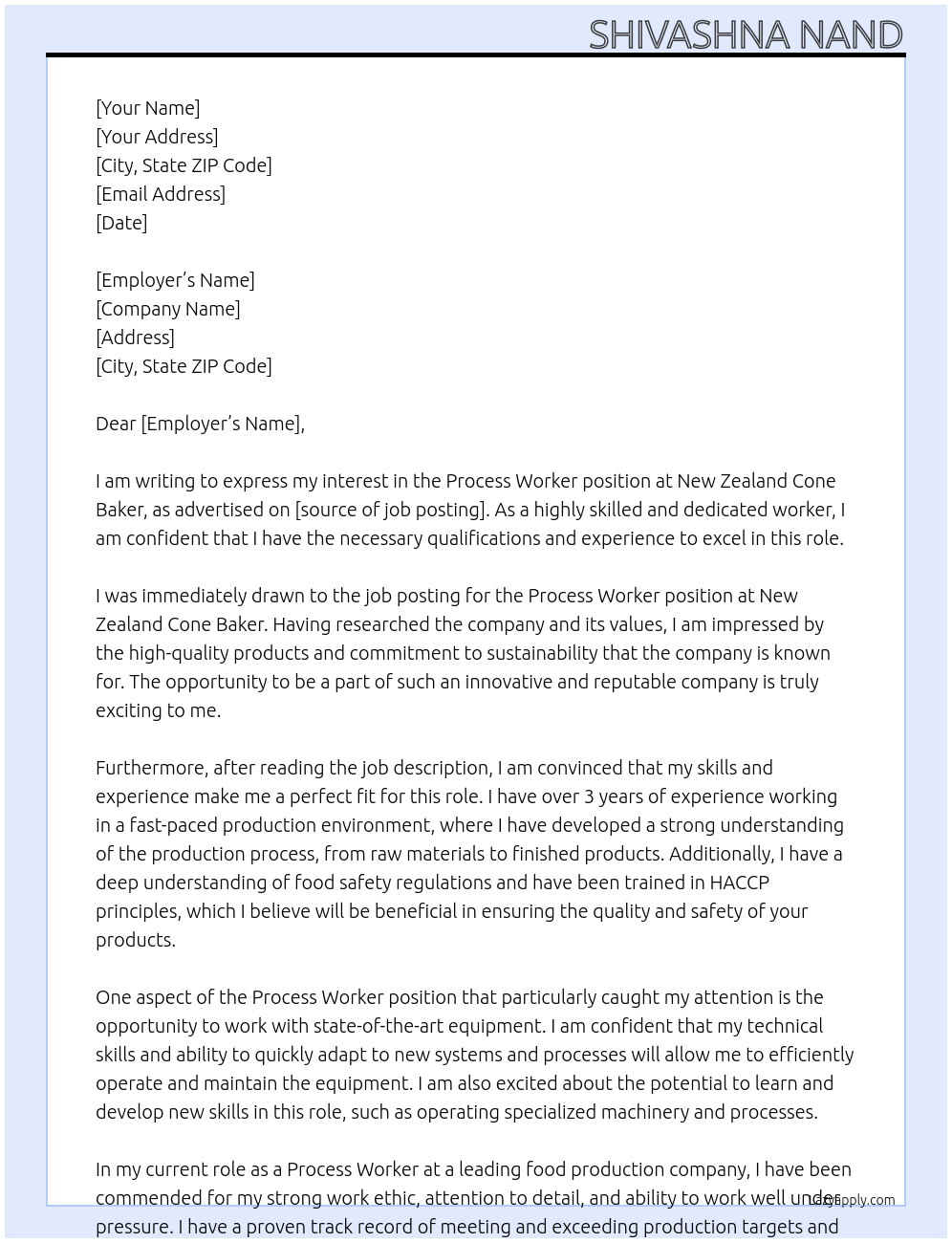 Process Worker At New Zealand Cone Baker Cover Letter