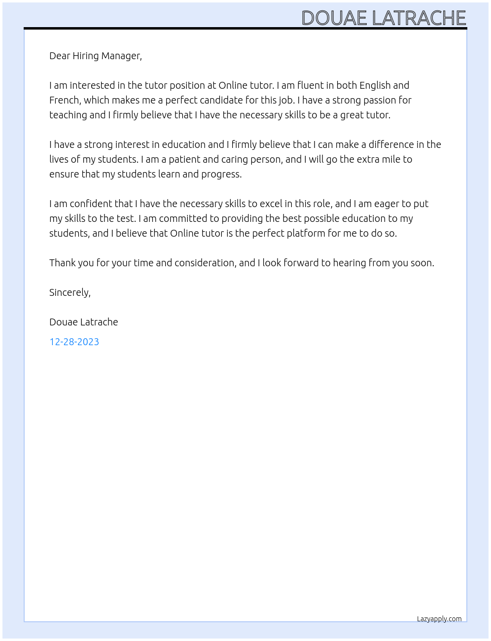 Tutor At Online tutor Cover Letter